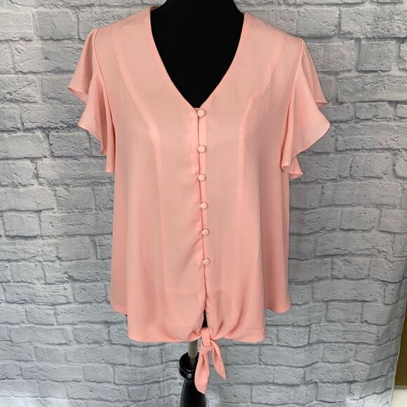 Women tie front button up top w/ruffle shortsleeves & v-cut neckline size Medium - Picture 1 of 9